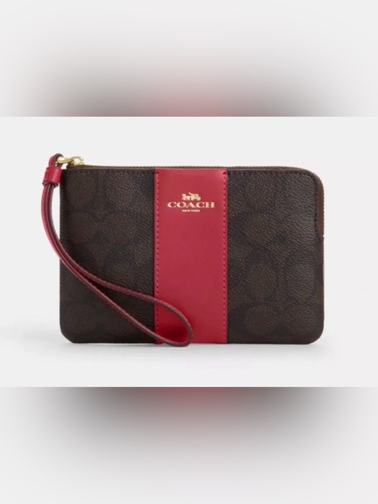 Coach Handbags - Coach Brown Signature Wristlet with Red Stripe NWT